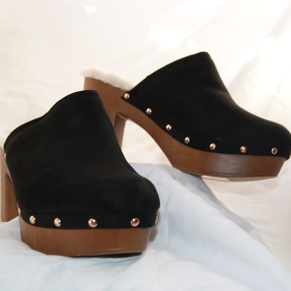 MUDD Black Suede Clog Mules with Platform Heel
